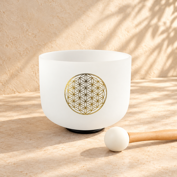 Cuenco blanco Flor de la Vida con una baqueta de cabeza blanca