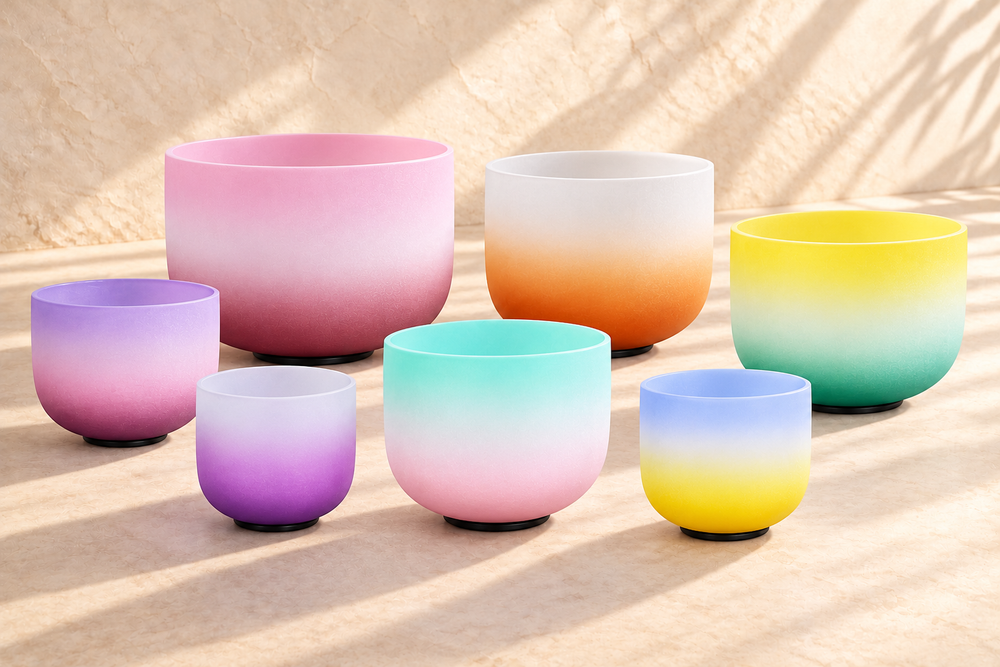 Ambientación digital: siete cuencos de colores degradados; no es una fotografía de una sesión real