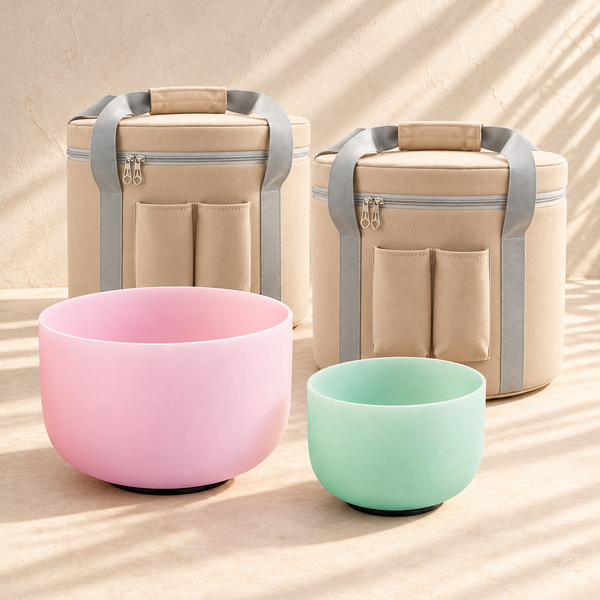 Ambientación digital: Dos bolsas beige con cuencos rosa y verde; no es una fotografía de una sesión real