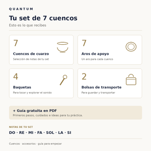 Contenido del set de 7 cuencos Quantum: 7 cuencos, 7 aros, 4 baquetas, 2 bolsas y guía gratuita