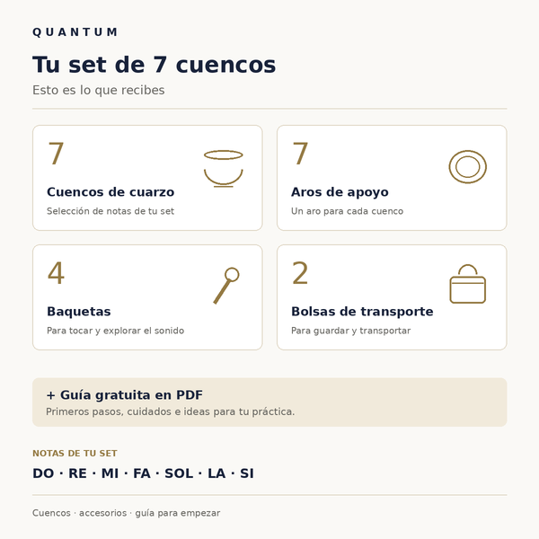 Contenido del set de 7 cuencos Quantum: 7 cuencos, 7 aros, 4 baquetas, 2 bolsas y guía gratuita