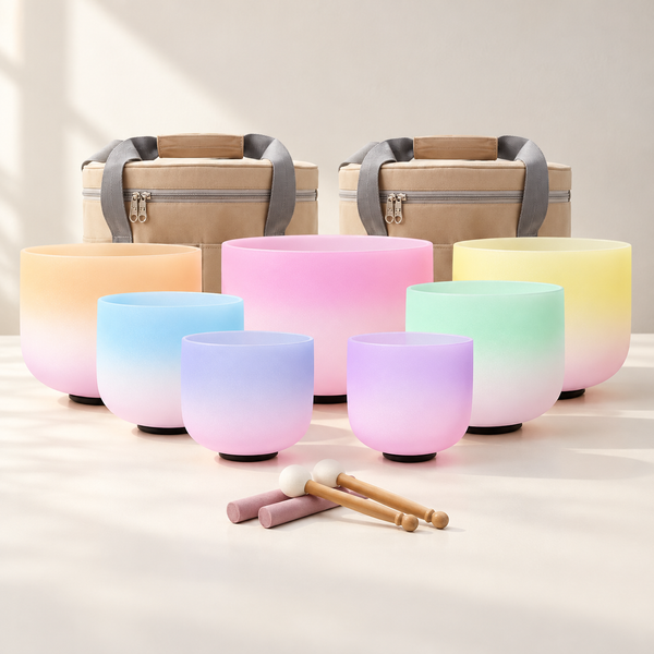 EQUINOX: siete cuencos bicolor con dos bolsas beige y cuatro baquetas; ambientación digital basada en el producto.