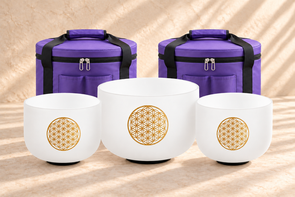 Ambientación digital: ILLUMINATION con tres cuencos blancos y símbolos dorados originales, dos bolsos cilíndricos de nailon violeta con asas negras según referencia.