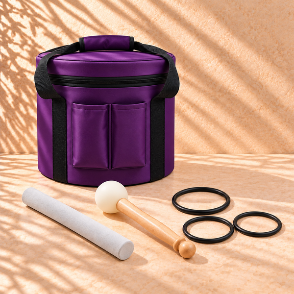 SOUL: bolso violeta de tela, dos baquetas y tres aros