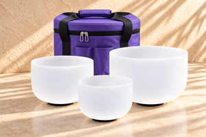 TRUST · bolsa de nylon violeta mate con cuencos originales; ambientación digital